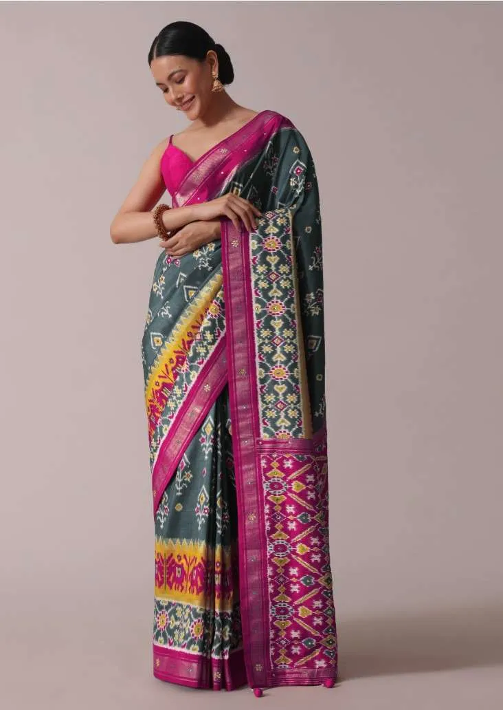 Grey Embroidered Festive Patola Printed Saree In Dola Silk