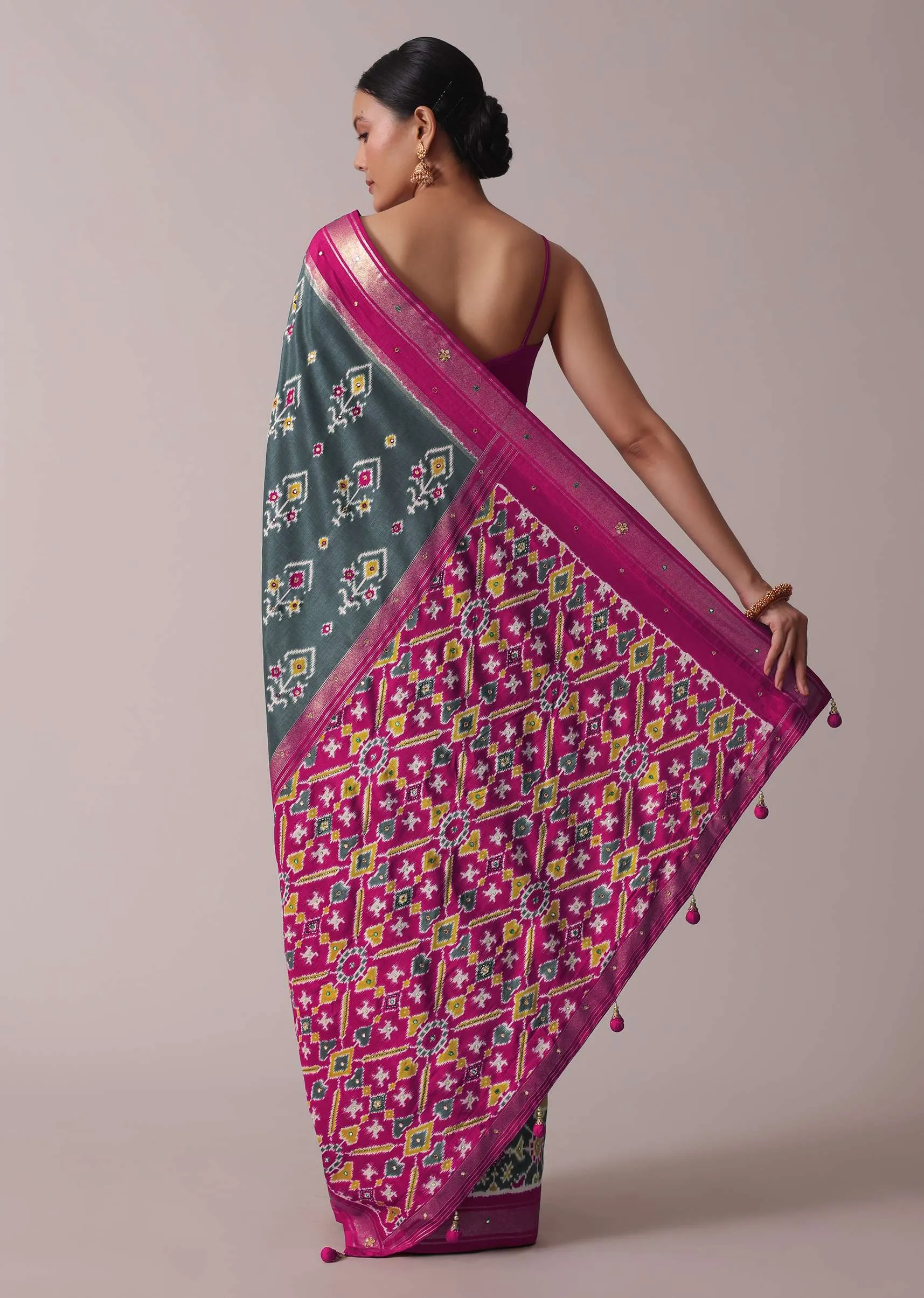 Grey Embroidered Festive Patola Printed Saree In Dola Silk