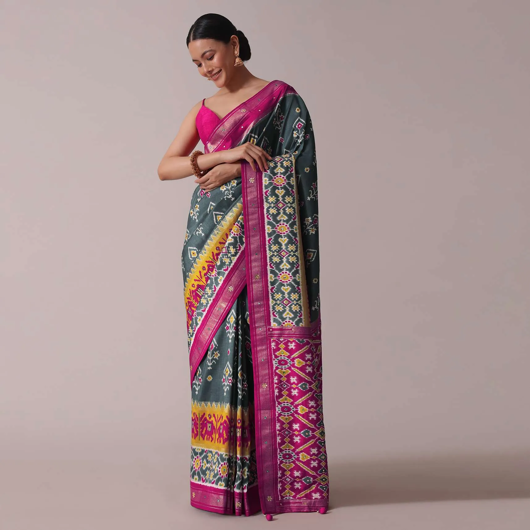 Grey Embroidered Festive Patola Printed Saree In Dola Silk