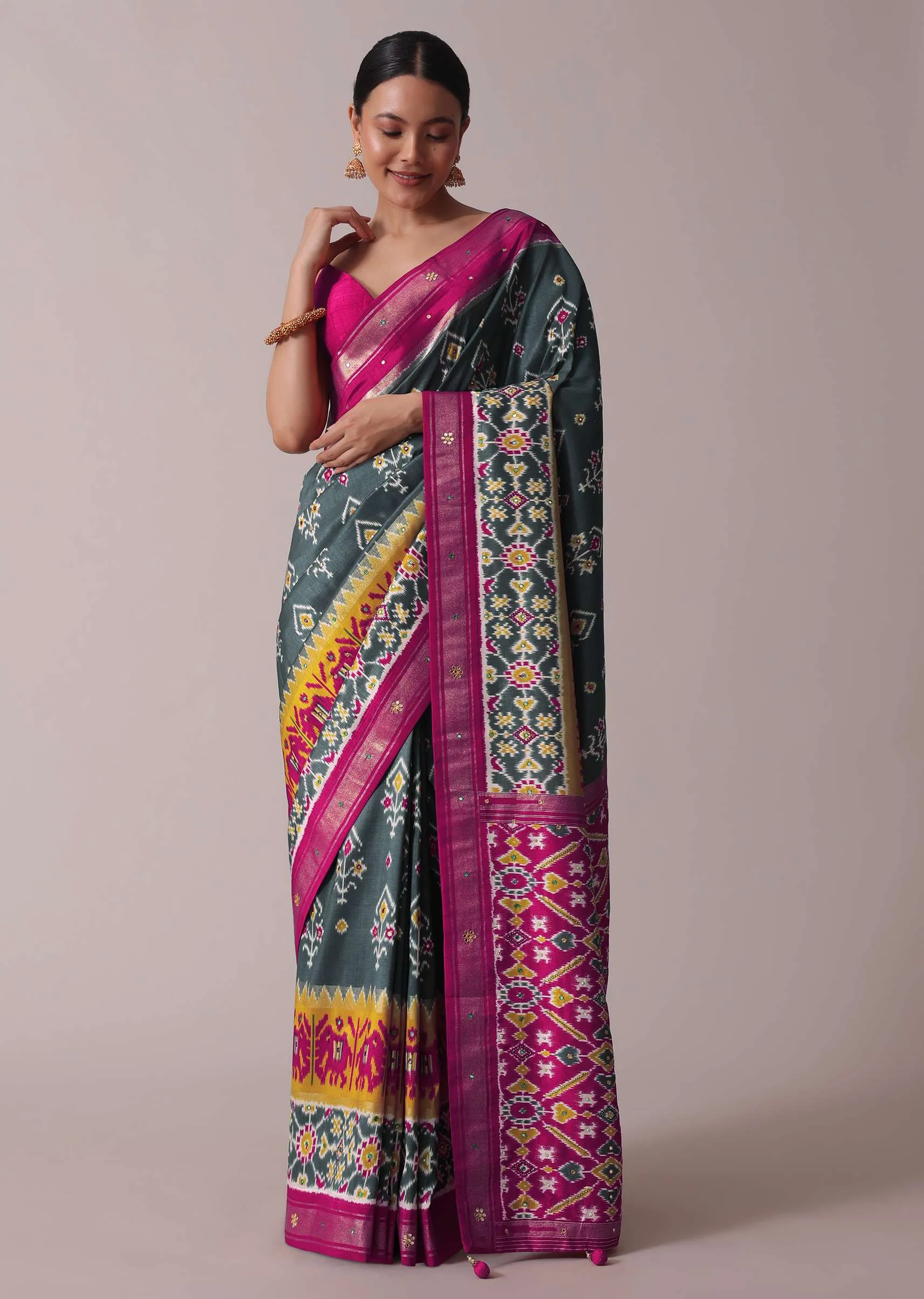 Grey Embroidered Festive Patola Printed Saree In Dola Silk