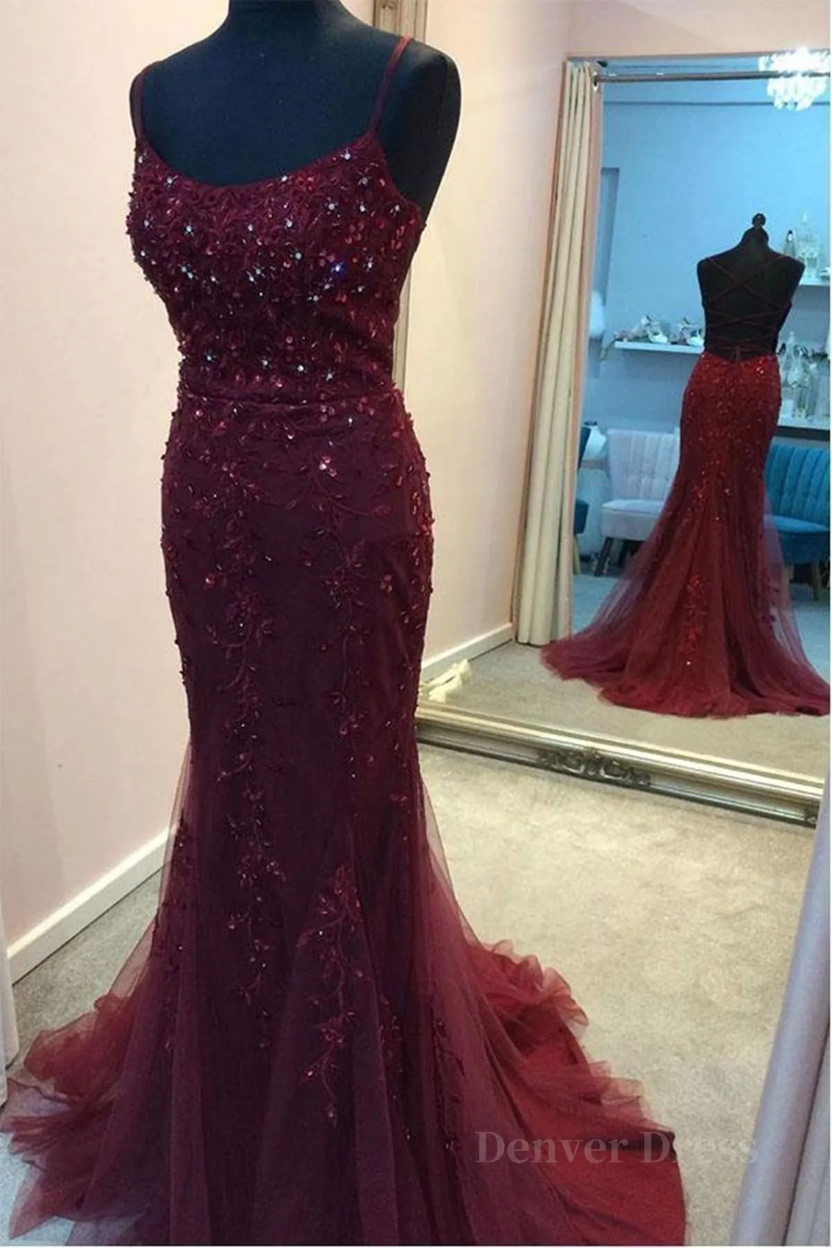 kamahe Backless Mermaid Beaded Maroon Lace Long Prom Dresses, Backless Burgundy Lace Formal Dresses, Burgundy Tulle Evening Dresses