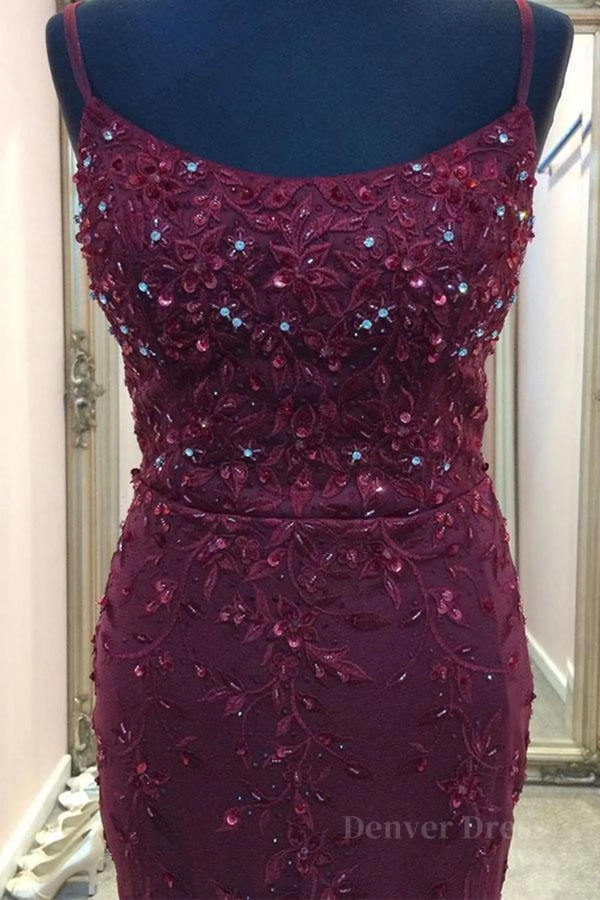 kamahe Backless Mermaid Beaded Maroon Lace Long Prom Dresses, Backless Burgundy Lace Formal Dresses, Burgundy Tulle Evening Dresses