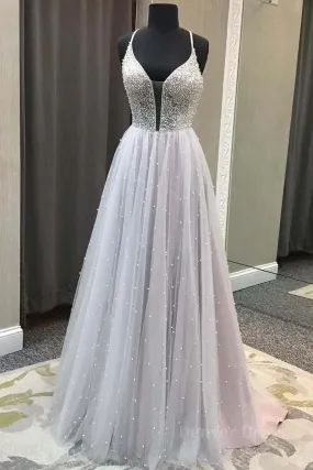kamahe Gorgeous V Neck Backless Beaded Gray Tulle Long Prom Dresses, Backless Grey Formal Graduation Evening Dresses