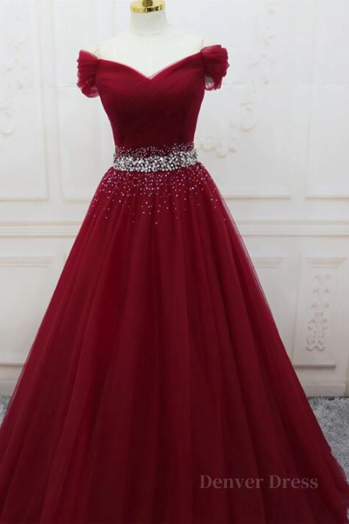 kamahe Off Shoulder Burgundy Tulle Long Prom Dresses with Sequins, Burgundy Tulle Formal Evening Dresses