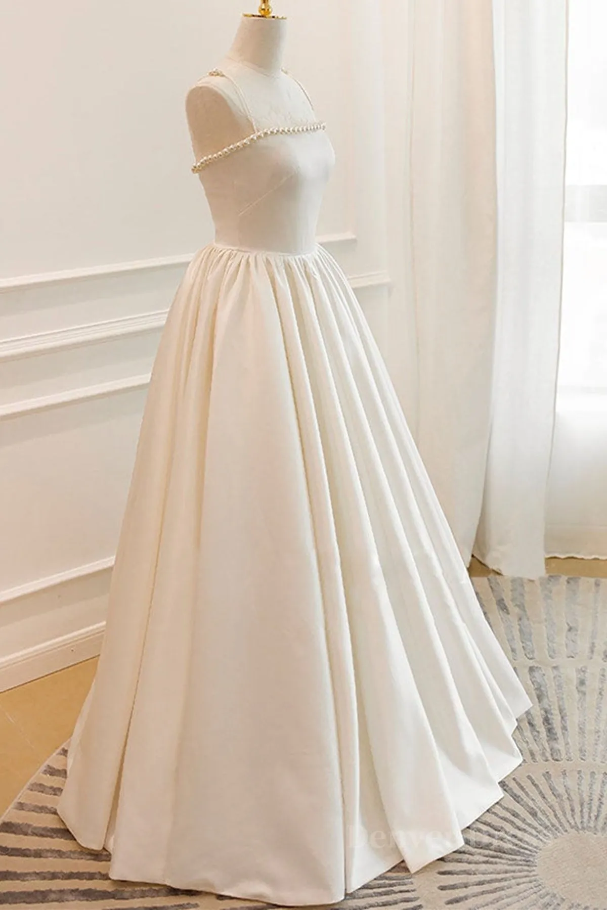 kamahe Thin Straps Open Back Ivory Satin Long Prom Dresses with Pearls, Long Ivory Formal Graduation Evening Dresses
