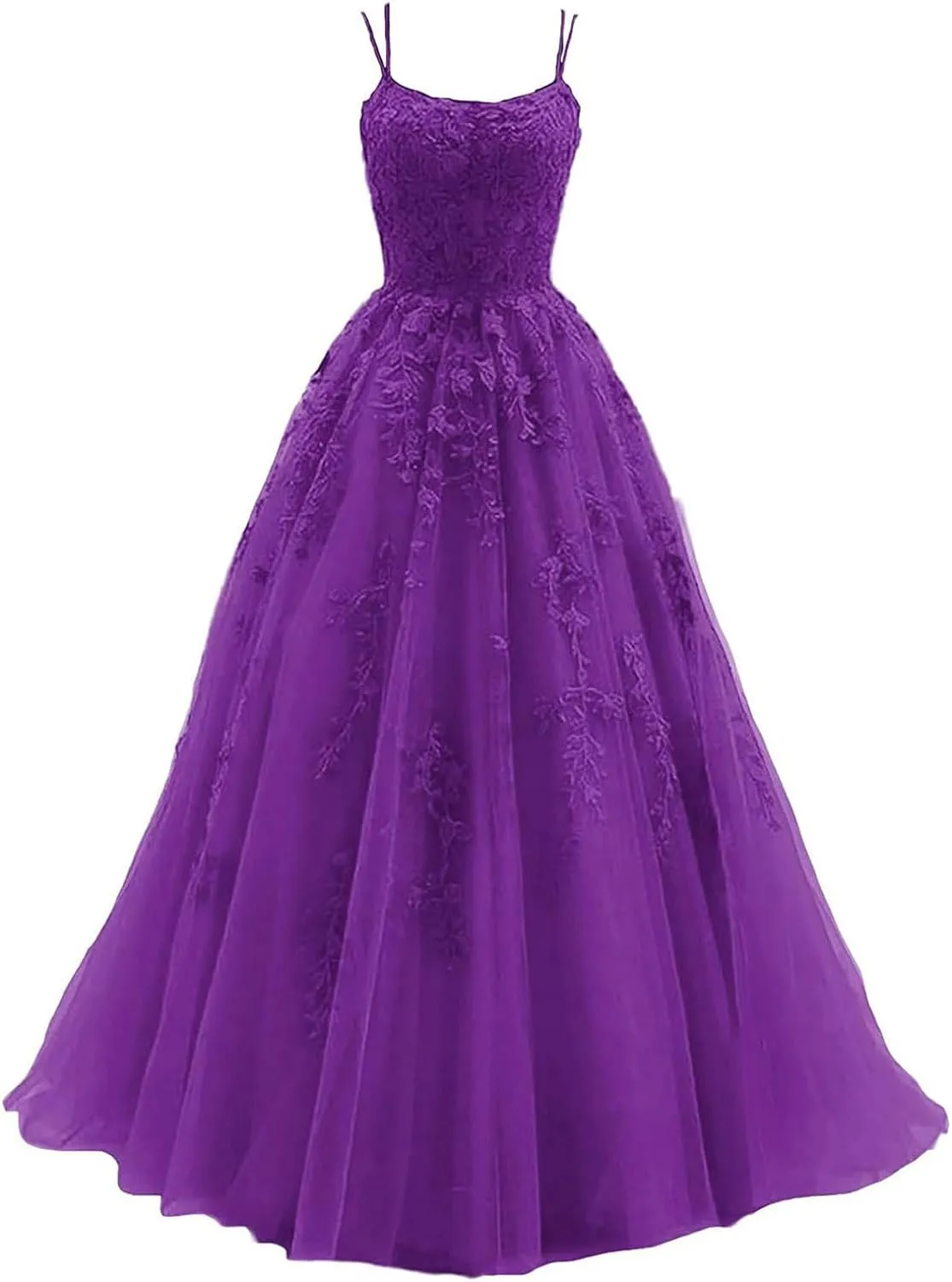 kamahe Women's Lace Appliques Prom Dresses Long Spaghetti Strap Ball Gowns Tulle Formal Dress for Party