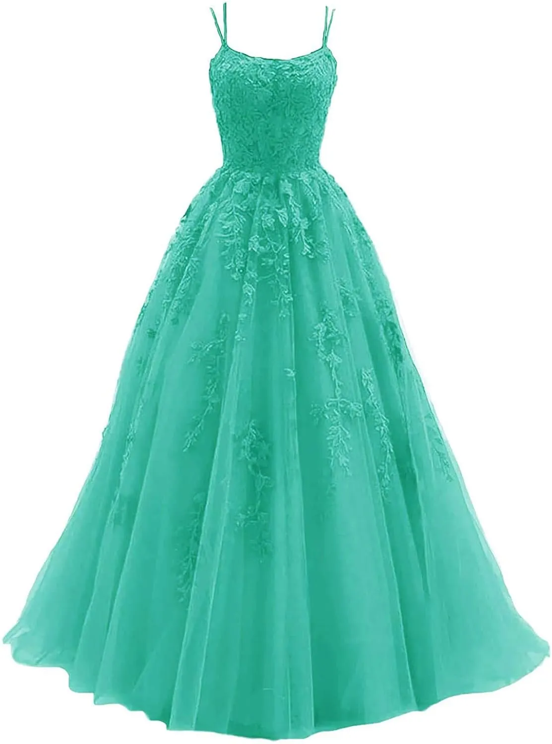 kamahe Women's Lace Appliques Prom Dresses Long Spaghetti Strap Ball Gowns Tulle Formal Dress for Party