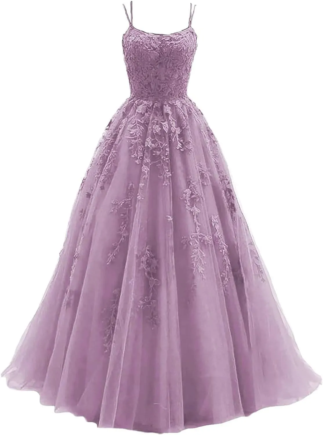 kamahe Women's Lace Appliques Prom Dresses Long Spaghetti Strap Ball Gowns Tulle Formal Dress for Party