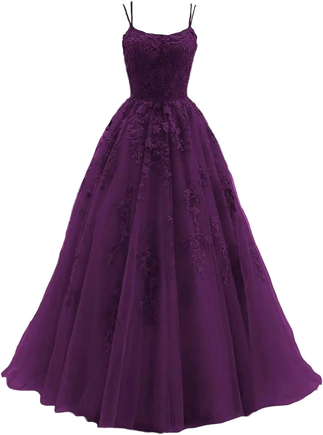 kamahe Women's Lace Appliques Prom Dresses Long Spaghetti Strap Ball Gowns Tulle Formal Dress for Party