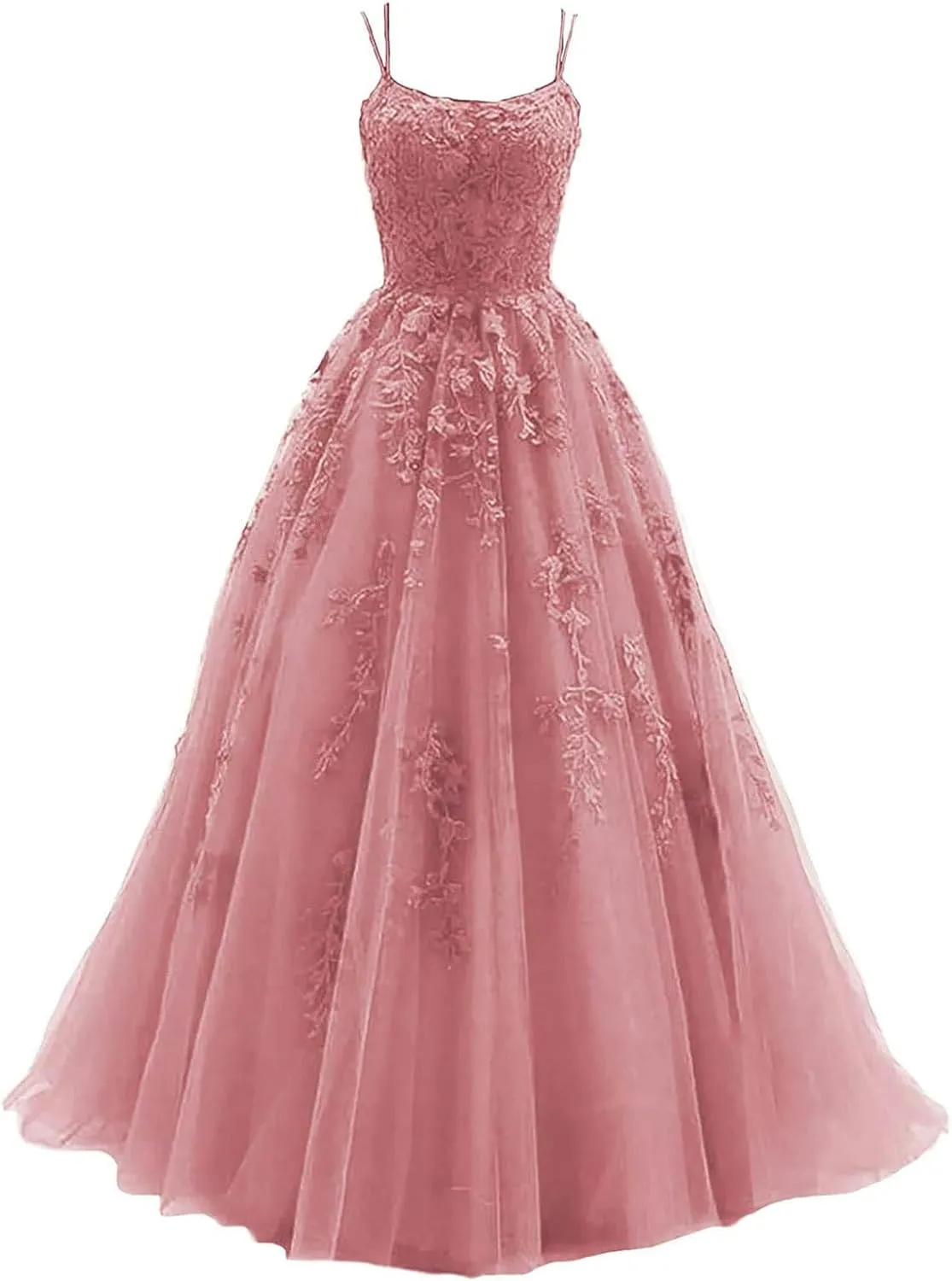 kamahe Women's Lace Appliques Prom Dresses Long Spaghetti Strap Ball Gowns Tulle Formal Dress for Party