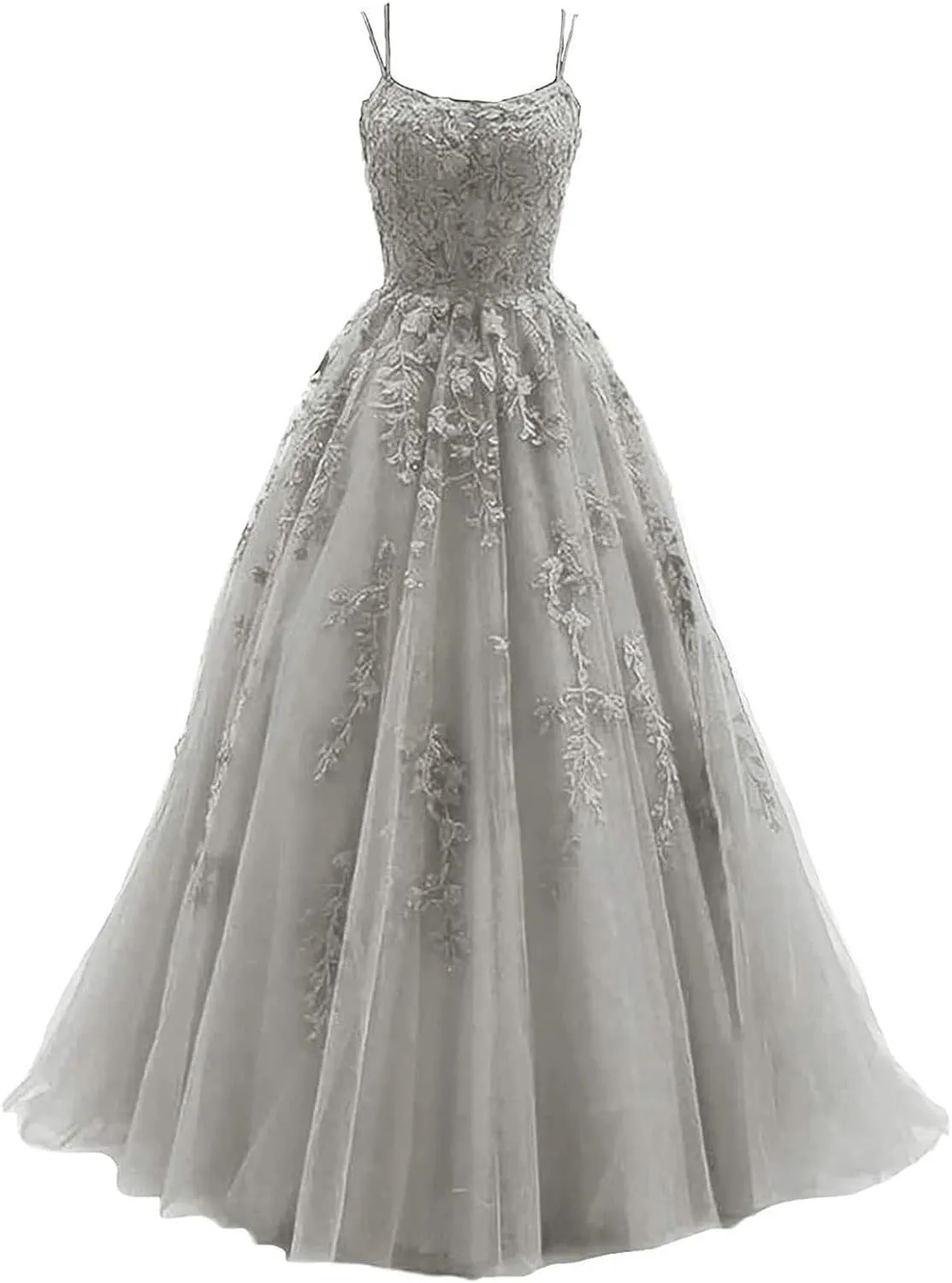 kamahe Women's Lace Appliques Prom Dresses Long Spaghetti Strap Ball Gowns Tulle Formal Dress for Party