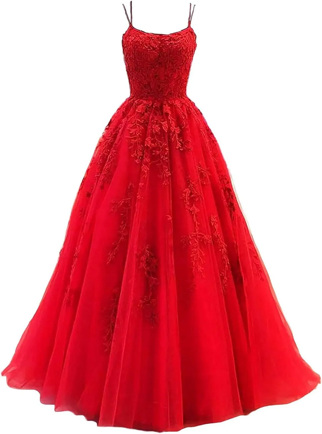 kamahe Women's Lace Appliques Prom Dresses Long Spaghetti Strap Ball Gowns Tulle Formal Dress for Party