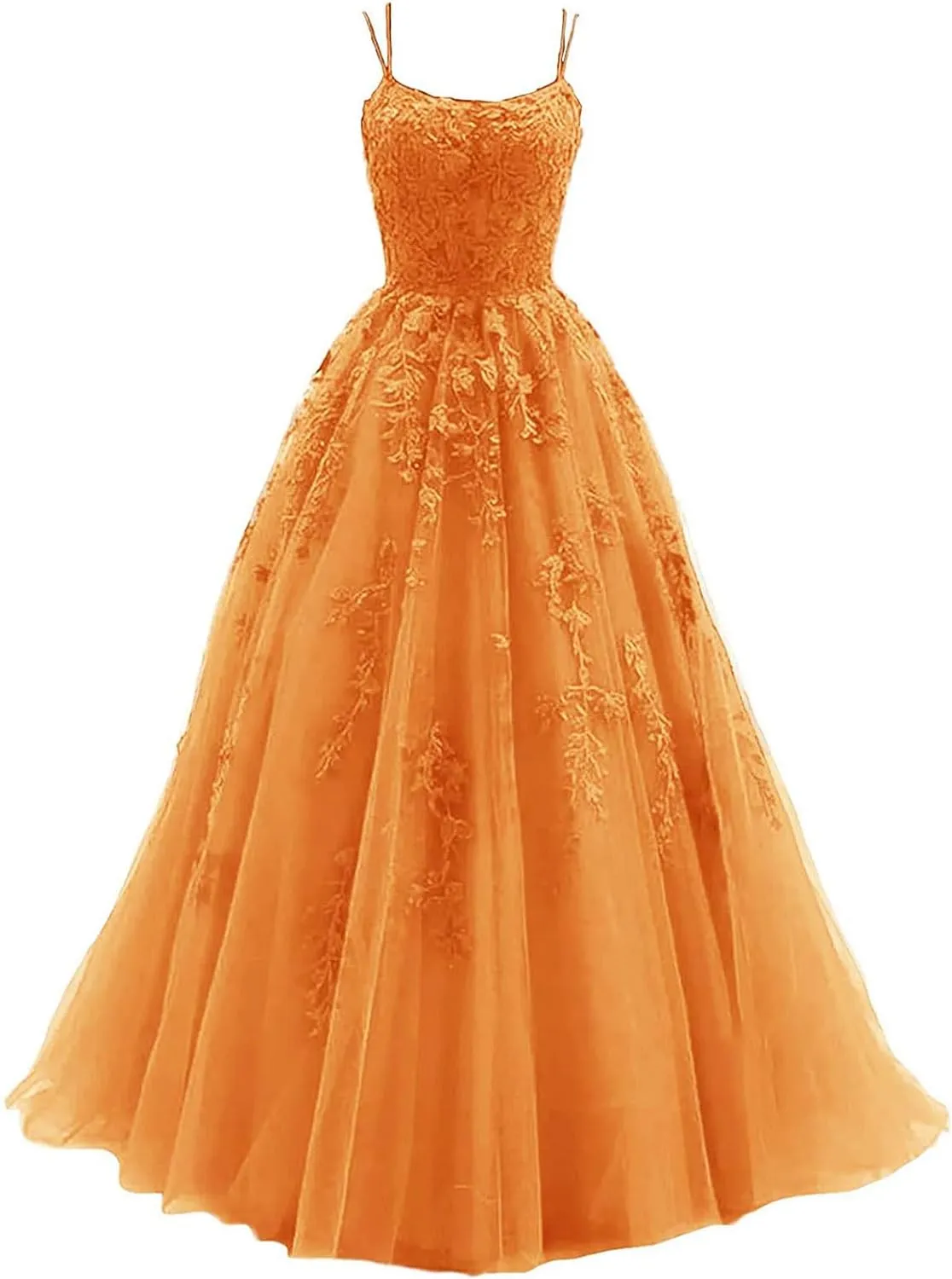 kamahe Women's Lace Appliques Prom Dresses Long Spaghetti Strap Ball Gowns Tulle Formal Dress for Party