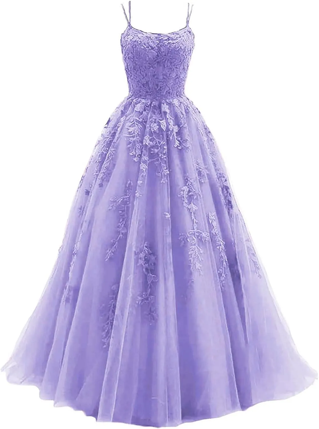 kamahe Women's Lace Appliques Prom Dresses Long Spaghetti Strap Ball Gowns Tulle Formal Dress for Party