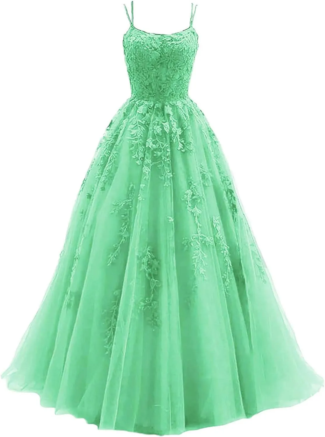 kamahe Women's Lace Appliques Prom Dresses Long Spaghetti Strap Ball Gowns Tulle Formal Dress for Party