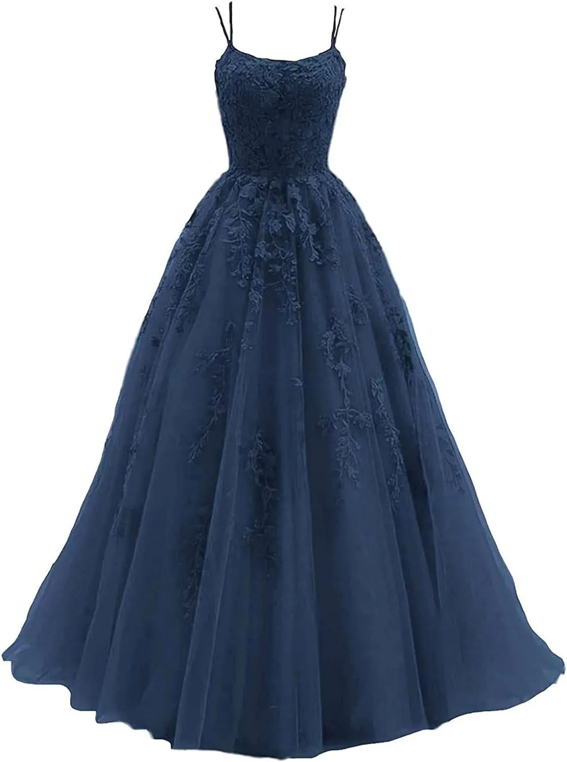 kamahe Women's Lace Appliques Prom Dresses Long Spaghetti Strap Ball Gowns Tulle Formal Dress for Party