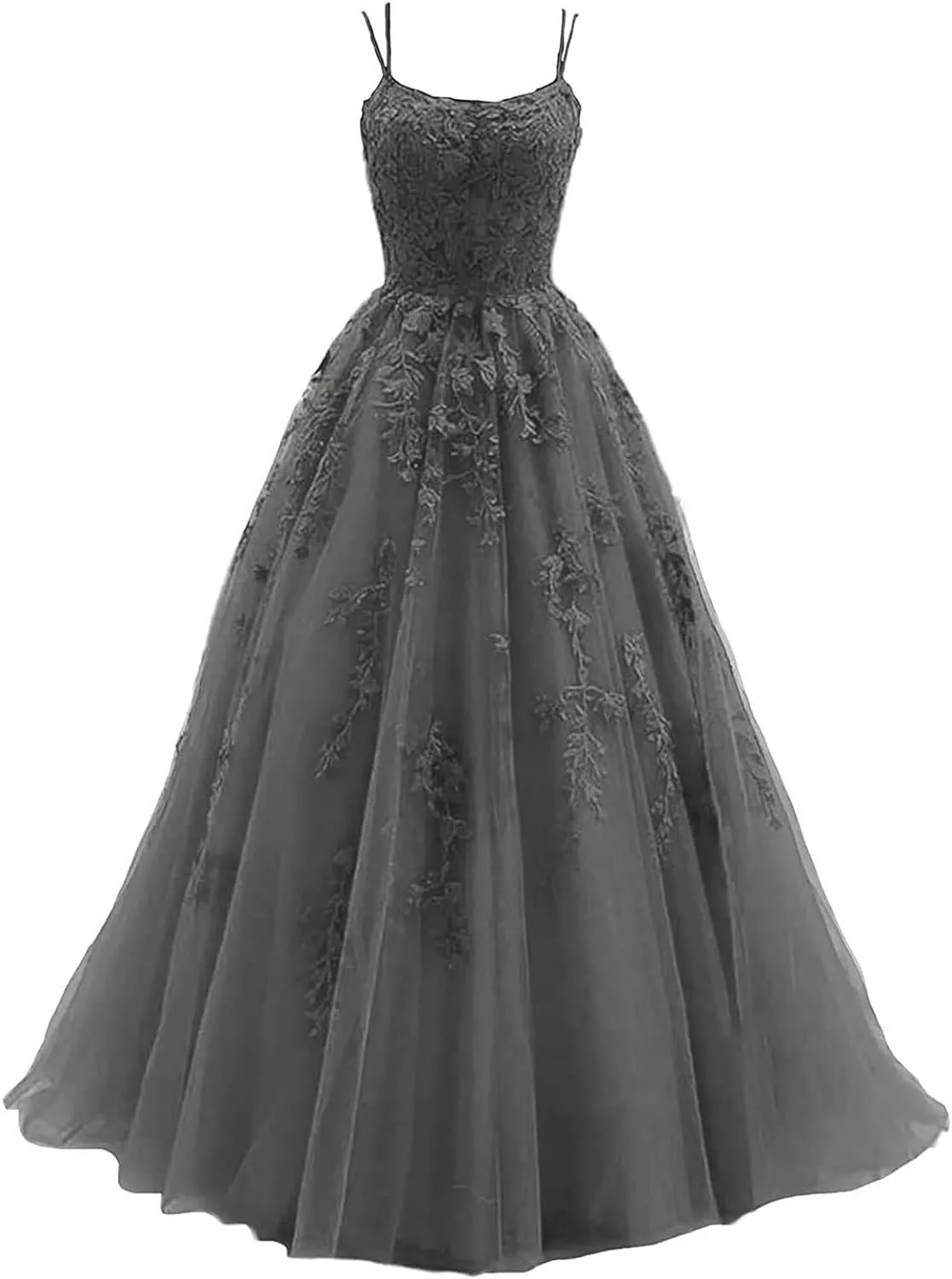 kamahe Women's Lace Appliques Prom Dresses Long Spaghetti Strap Ball Gowns Tulle Formal Dress for Party