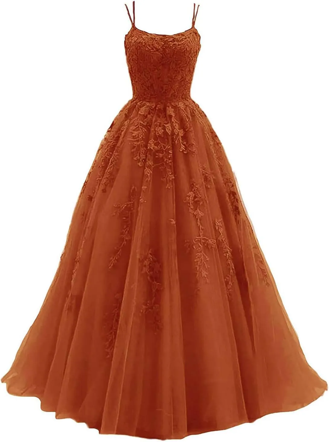 kamahe Women's Lace Appliques Prom Dresses Long Spaghetti Strap Ball Gowns Tulle Formal Dress for Party