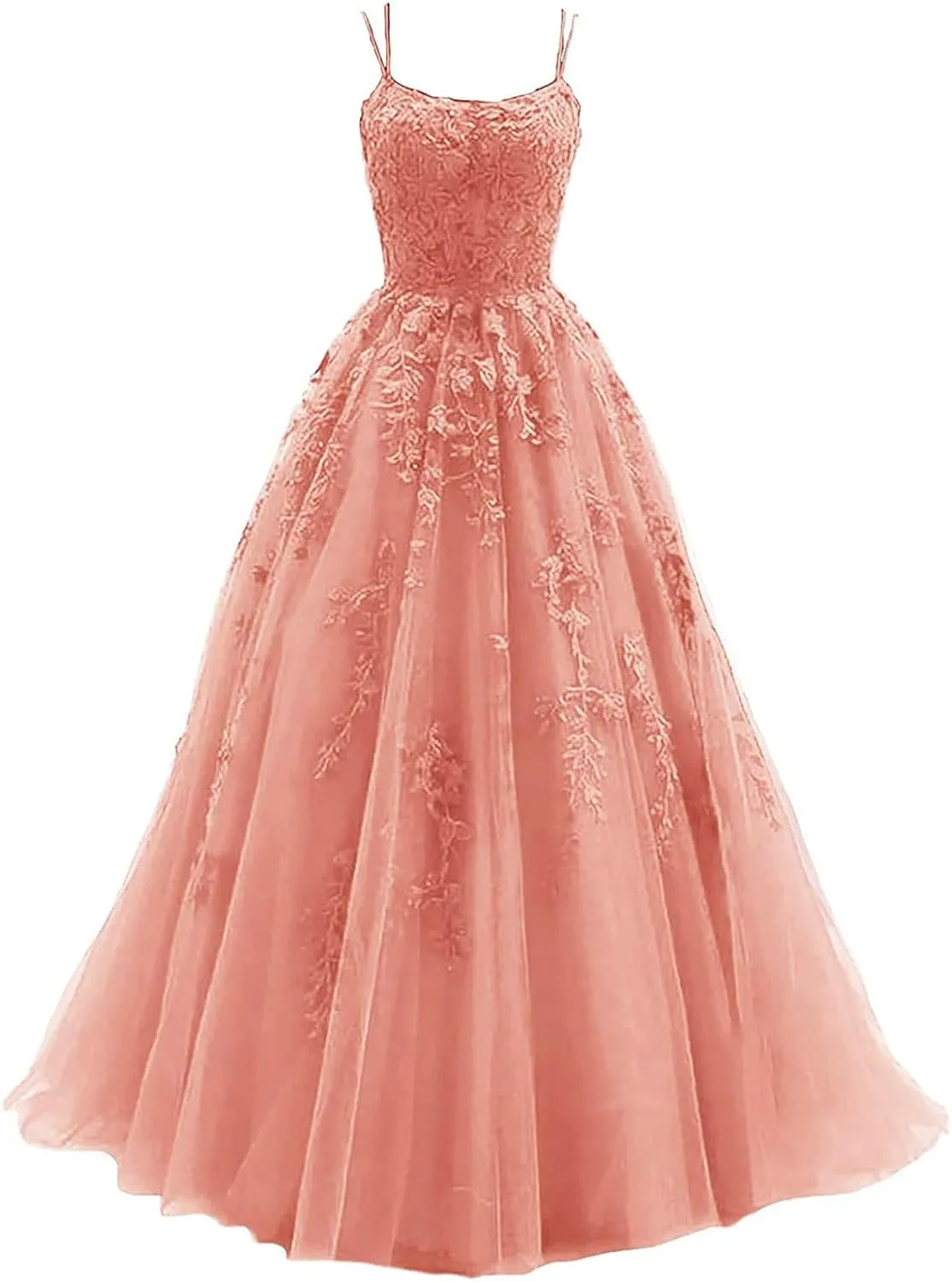 kamahe Women's Lace Appliques Prom Dresses Long Spaghetti Strap Ball Gowns Tulle Formal Dress for Party