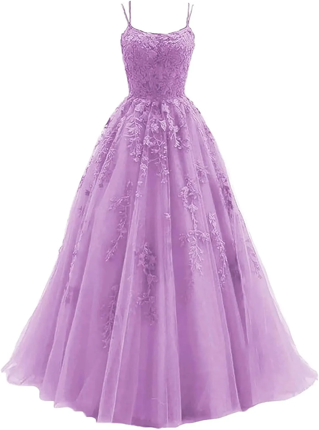 kamahe Women's Lace Appliques Prom Dresses Long Spaghetti Strap Ball Gowns Tulle Formal Dress for Party