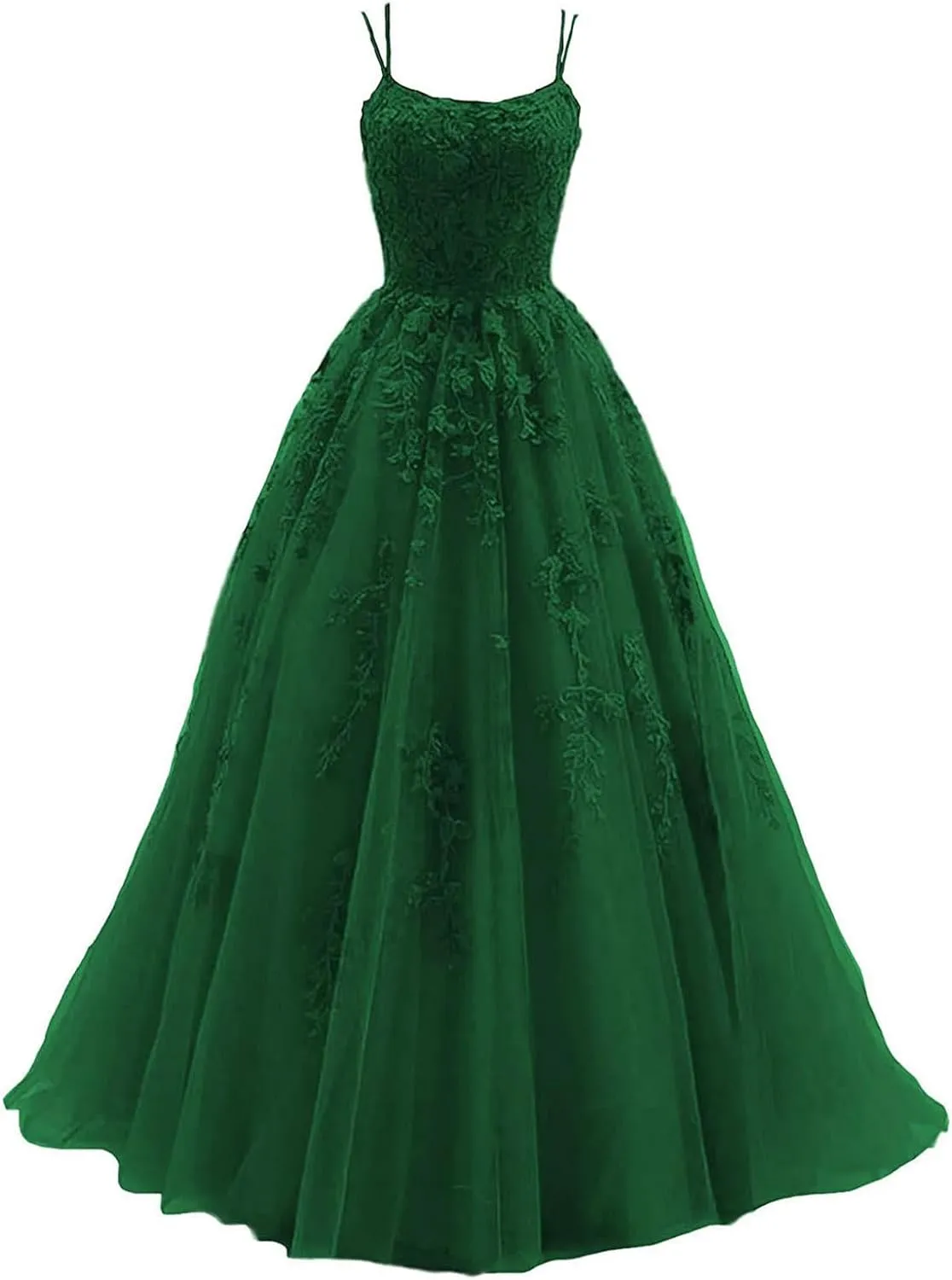 kamahe Women's Lace Appliques Prom Dresses Long Spaghetti Strap Ball Gowns Tulle Formal Dress for Party
