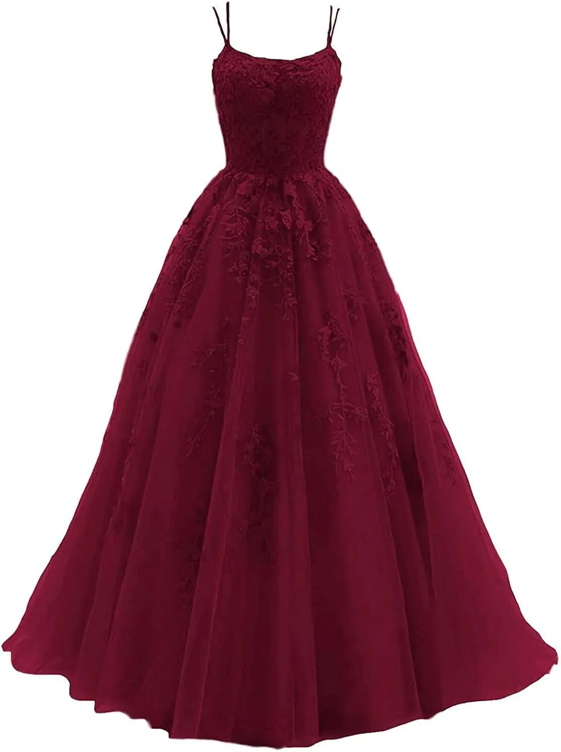 kamahe Women's Lace Appliques Prom Dresses Long Spaghetti Strap Ball Gowns Tulle Formal Dress for Party