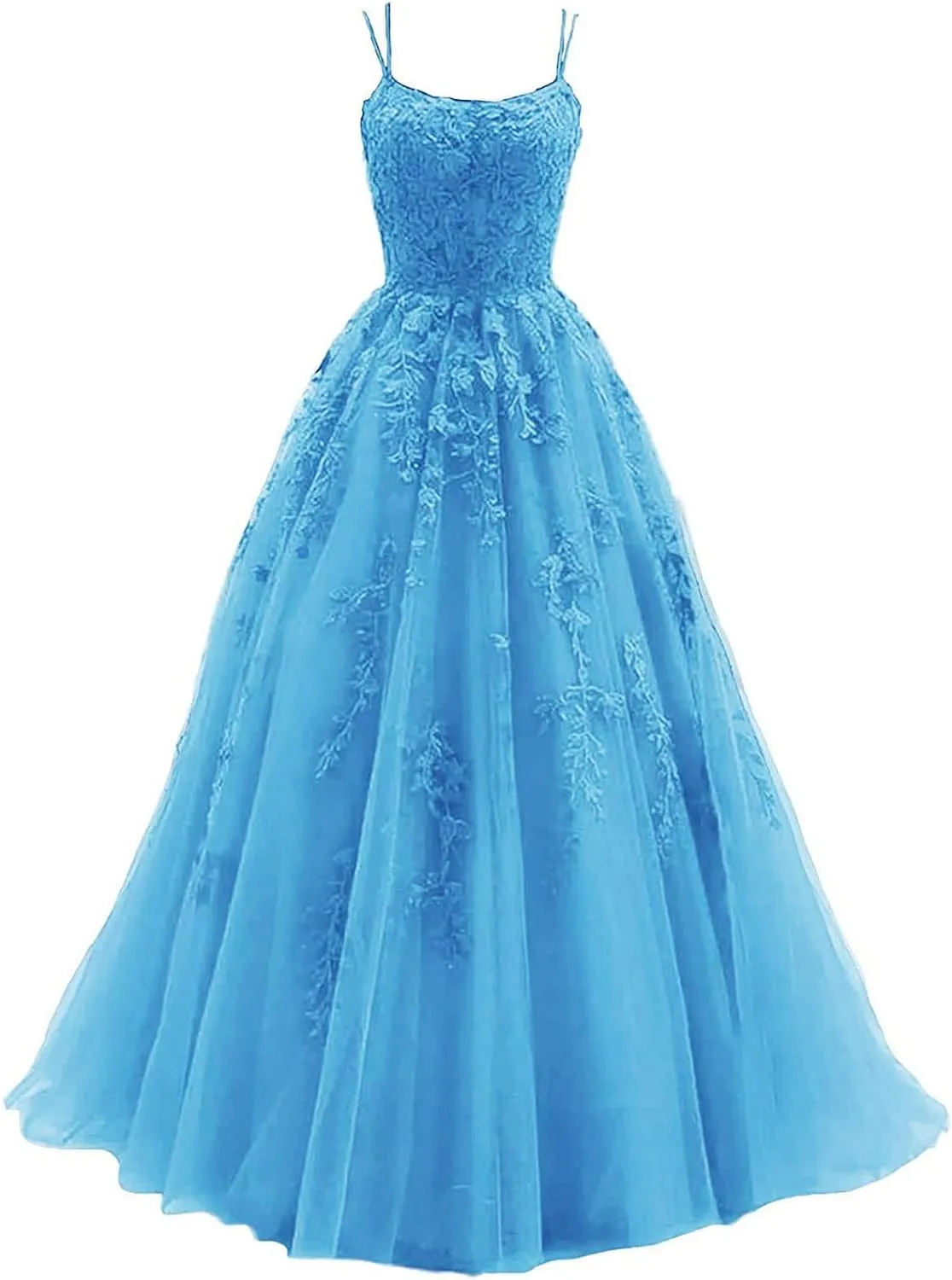 kamahe Women's Lace Appliques Prom Dresses Long Spaghetti Strap Ball Gowns Tulle Formal Dress for Party
