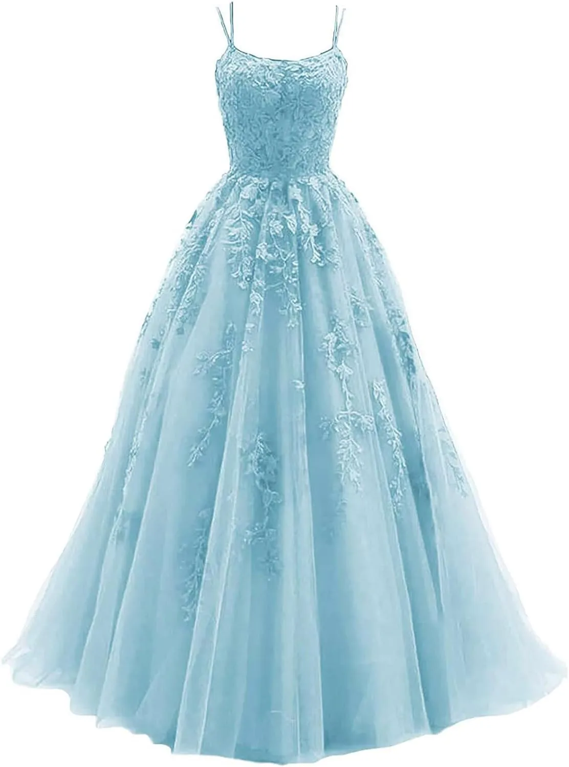 kamahe Women's Lace Appliques Prom Dresses Long Spaghetti Strap Ball Gowns Tulle Formal Dress for Party