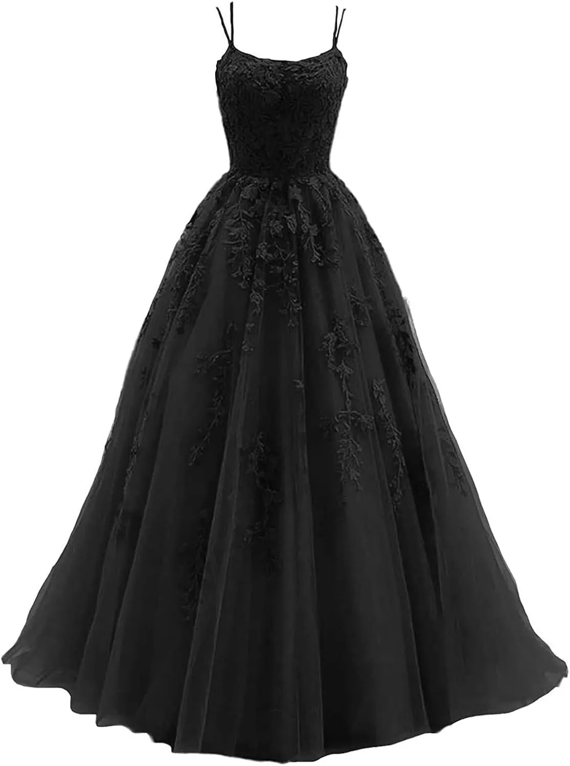 kamahe Women's Lace Appliques Prom Dresses Long Spaghetti Strap Ball Gowns Tulle Formal Dress for Party