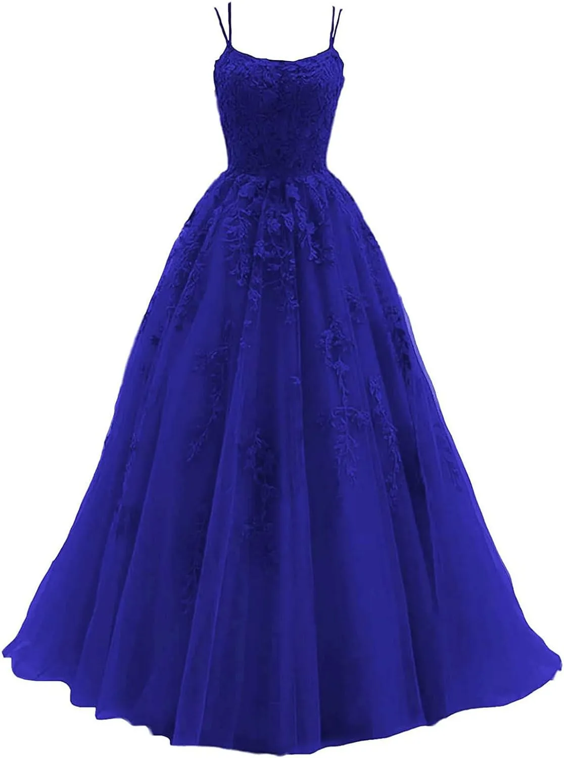 kamahe Women's Lace Appliques Prom Dresses Long Spaghetti Strap Ball Gowns Tulle Formal Dress for Party