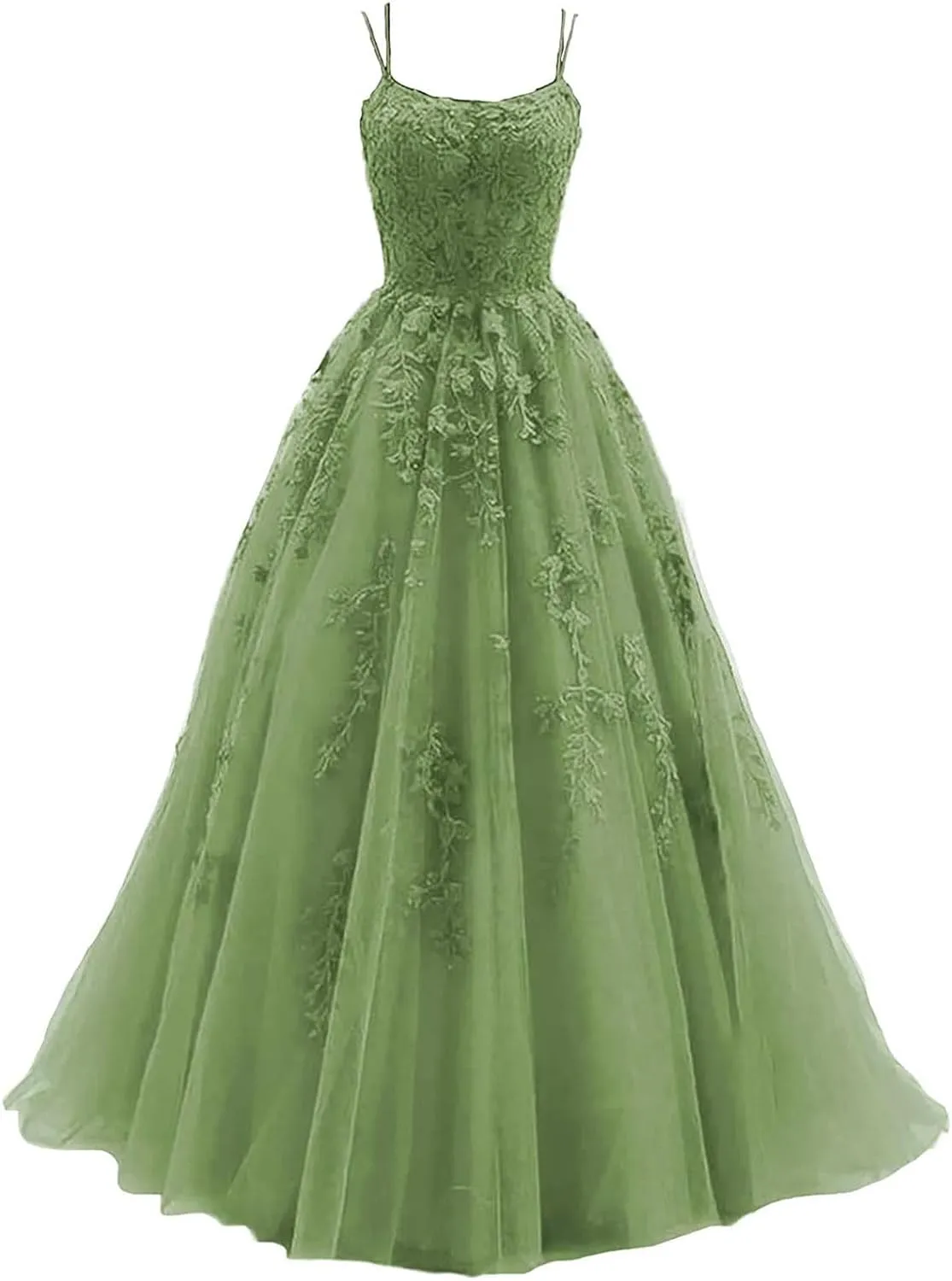 kamahe Women's Lace Appliques Prom Dresses Long Spaghetti Strap Ball Gowns Tulle Formal Dress for Party
