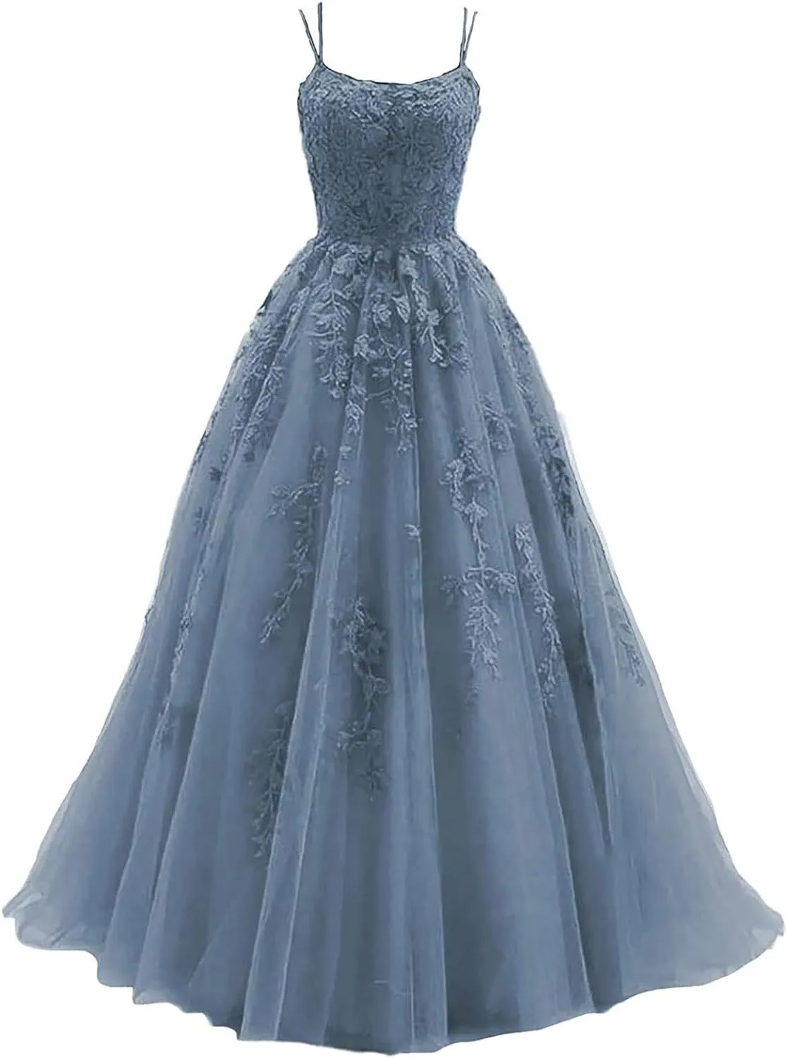 kamahe Women's Lace Appliques Prom Dresses Long Spaghetti Strap Ball Gowns Tulle Formal Dress for Party