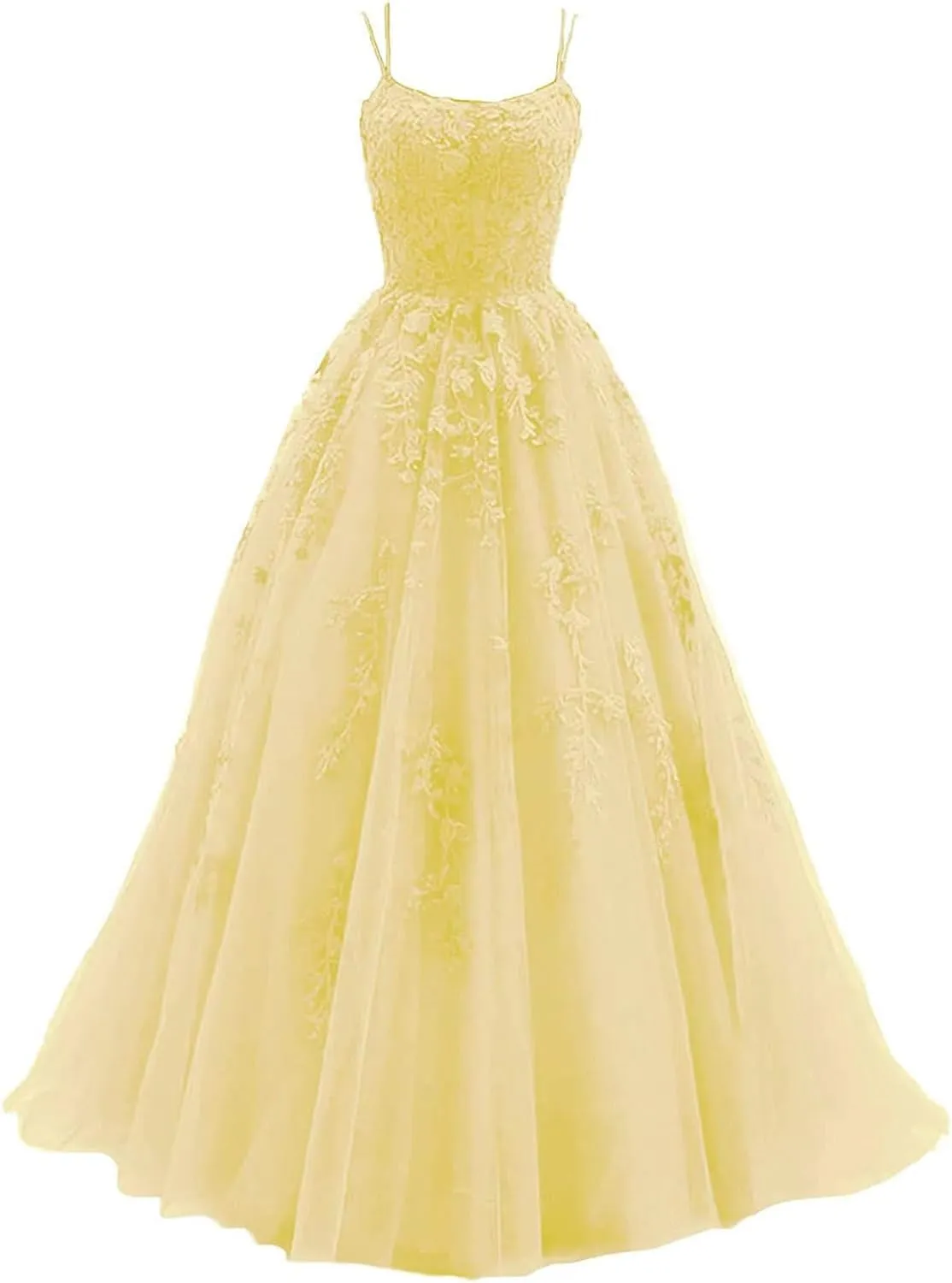 kamahe Women's Lace Appliques Prom Dresses Long Spaghetti Strap Ball Gowns Tulle Formal Dress for Party