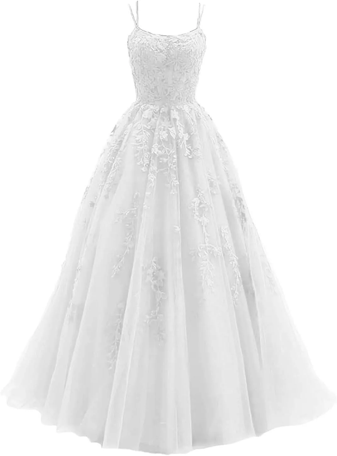 kamahe Women's Lace Appliques Prom Dresses Long Spaghetti Strap Ball Gowns Tulle Formal Dress for Party