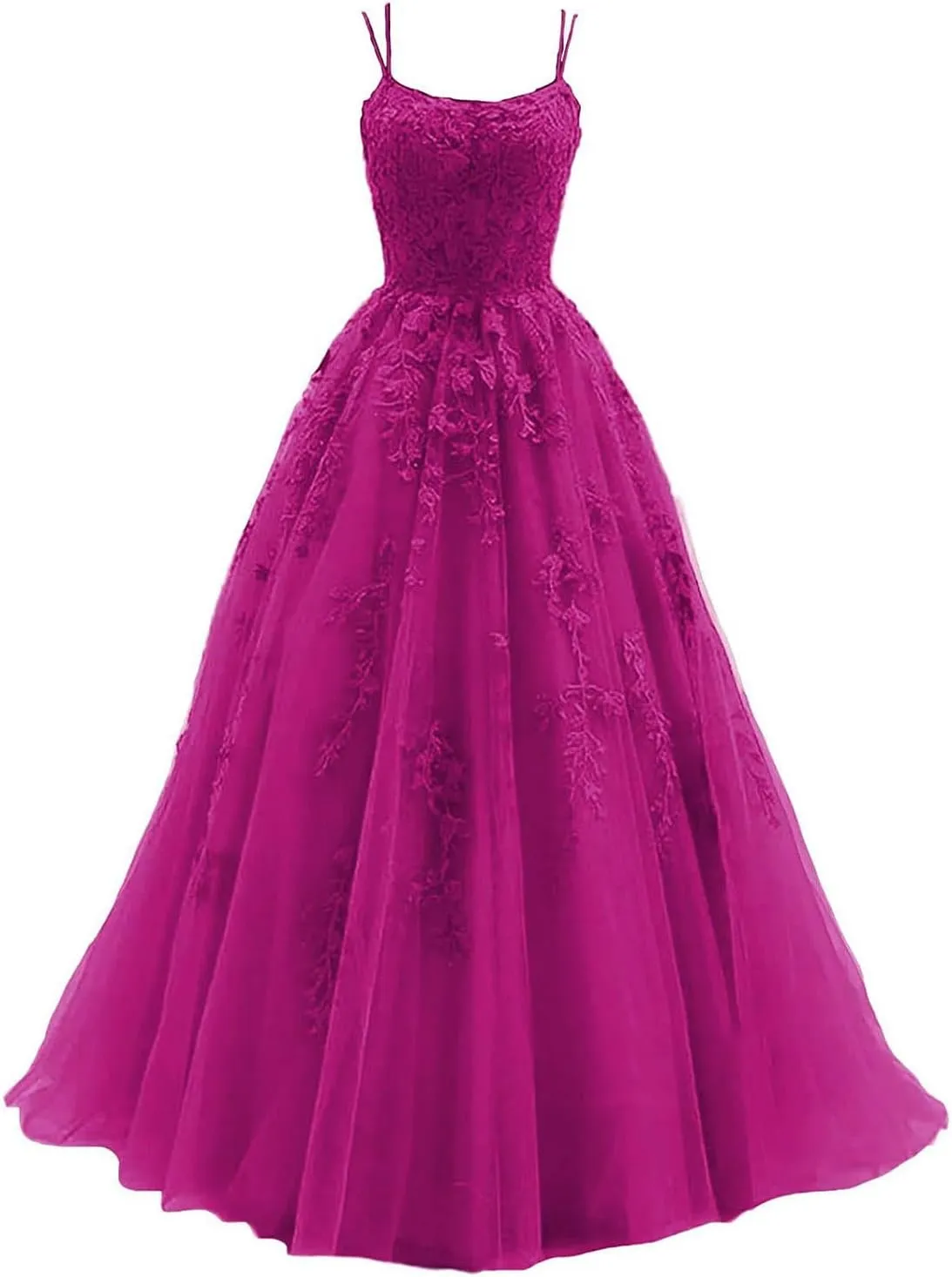 kamahe Women's Lace Appliques Prom Dresses Long Spaghetti Strap Ball Gowns Tulle Formal Dress for Party