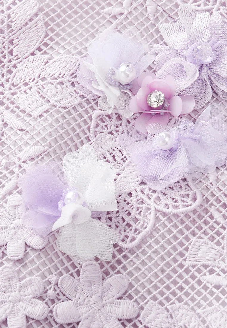Lilac Round Neck Lace Midi Dress