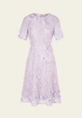 Lilac Round Neck Lace Midi Dress