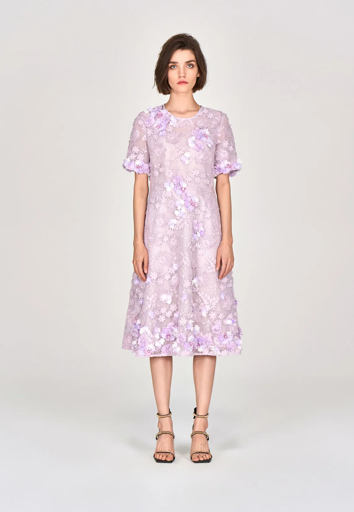 Lilac Round Neck Lace Midi Dress