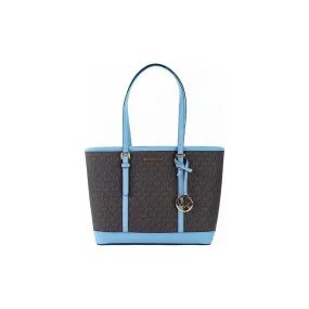 Michael Kors Jet Set Travel Small Pale Blue Brown PVC Shoulder Tote Bag Purse