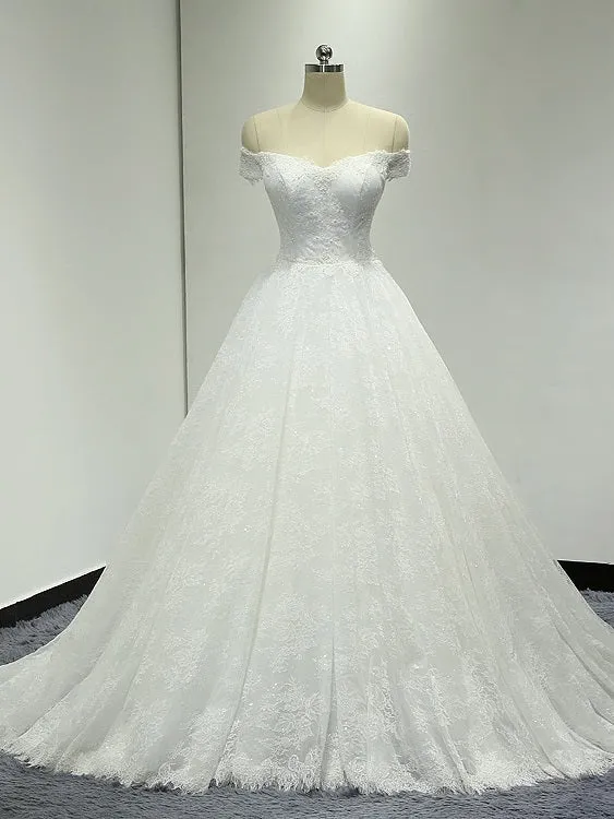 Off Shoulder Ball Gown Lace Wedding Dress with Handmade Flower at Back #21011207