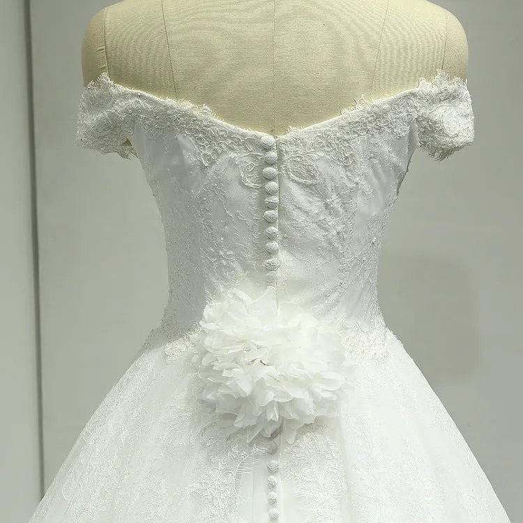 Off Shoulder Ball Gown Lace Wedding Dress with Handmade Flower at Back #21011207