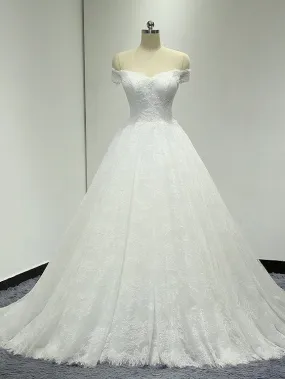 Off Shoulder Ball Gown Lace Wedding Dress with Handmade Flower at Back #21011207