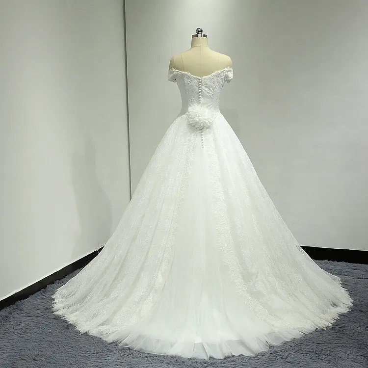 Off Shoulder Ball Gown Lace Wedding Dress with Handmade Flower at Back #21011207