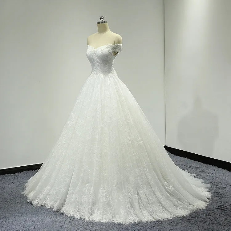 Off Shoulder Ball Gown Lace Wedding Dress with Handmade Flower at Back #21011207