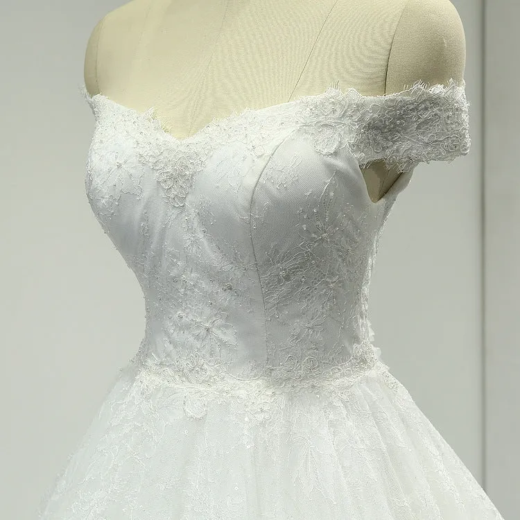 Off Shoulder Ball Gown Lace Wedding Dress with Handmade Flower at Back #21011207