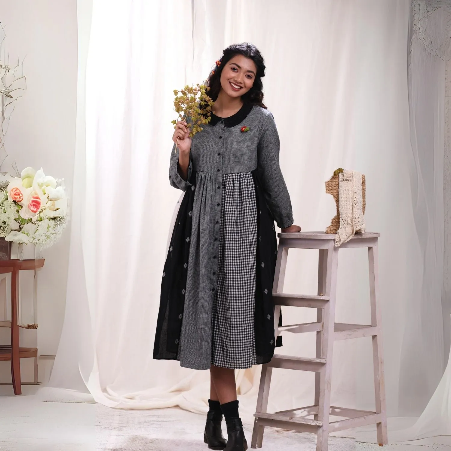 Peter Collar Dress | Relaxed Fit | Breathable Cotton Jamdani | White Black Grey