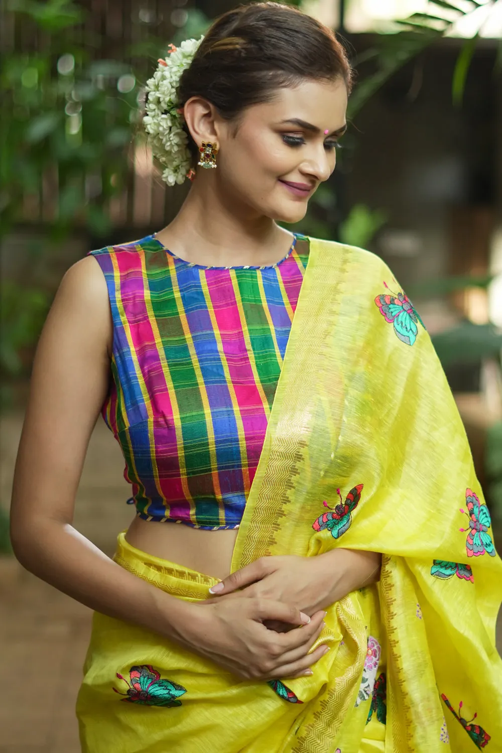 Pink Green blue Pure raw silk checkerd croptop