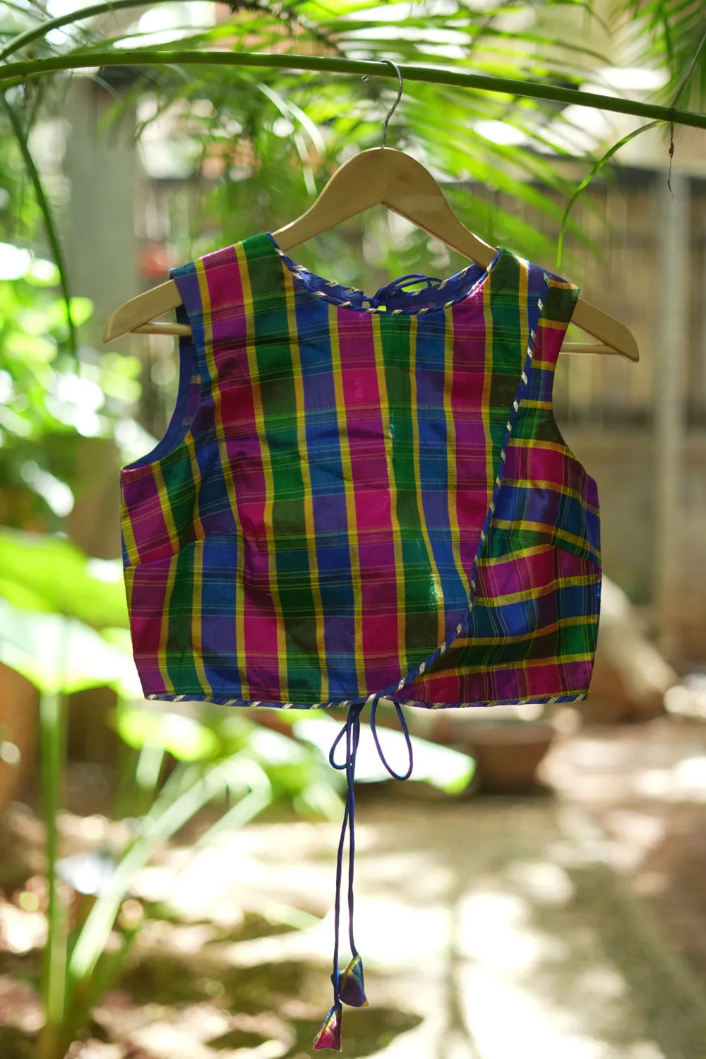 Pink Green blue Pure raw silk checkerd croptop