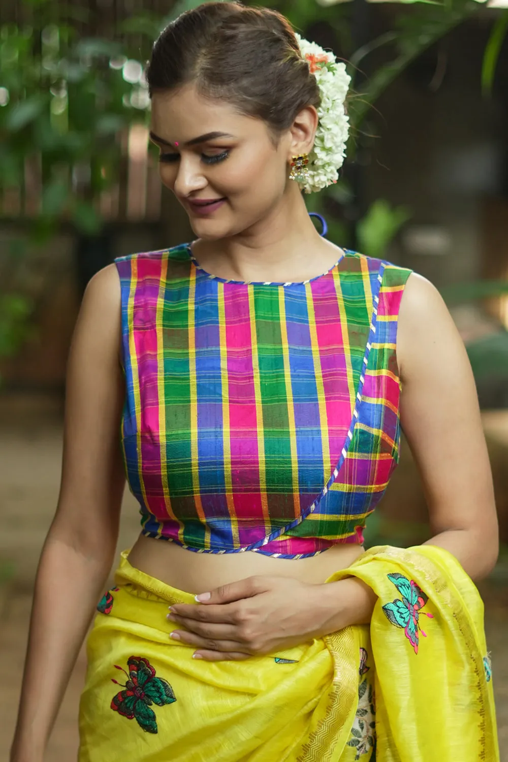 Pink Green blue Pure raw silk checkerd croptop