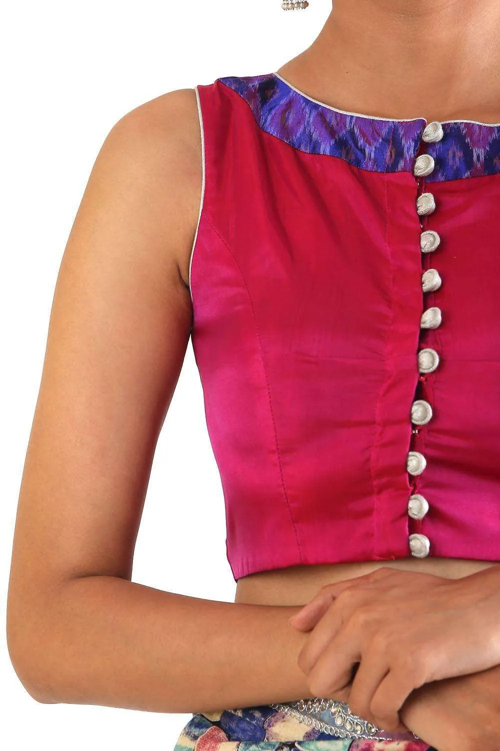 Pink silk and purple Ikat sleeveless boatneck blouse